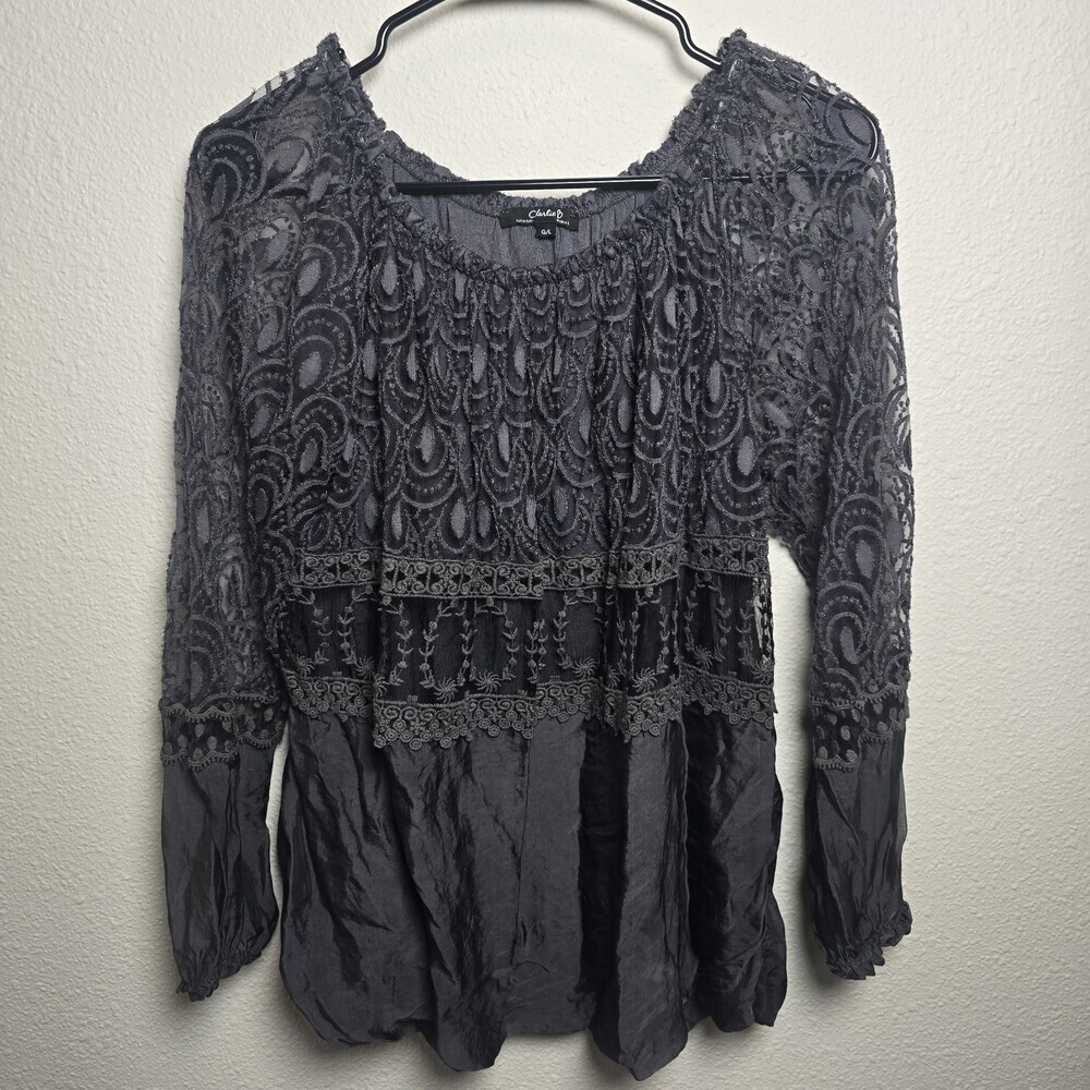 Charlie B Blouse Womens Large Gray Lace Boho Silk Blend Peasant Top Made Italy